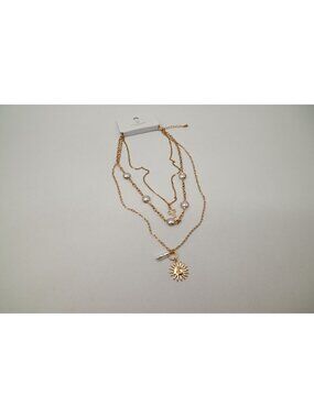 NWT Josslyn Multi Pearl Layer Pearl Sun Cross Charm Necklace Gold Tone Stack
